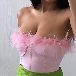 Superdown Pink Feather Trim Corset Tube Top Revolve